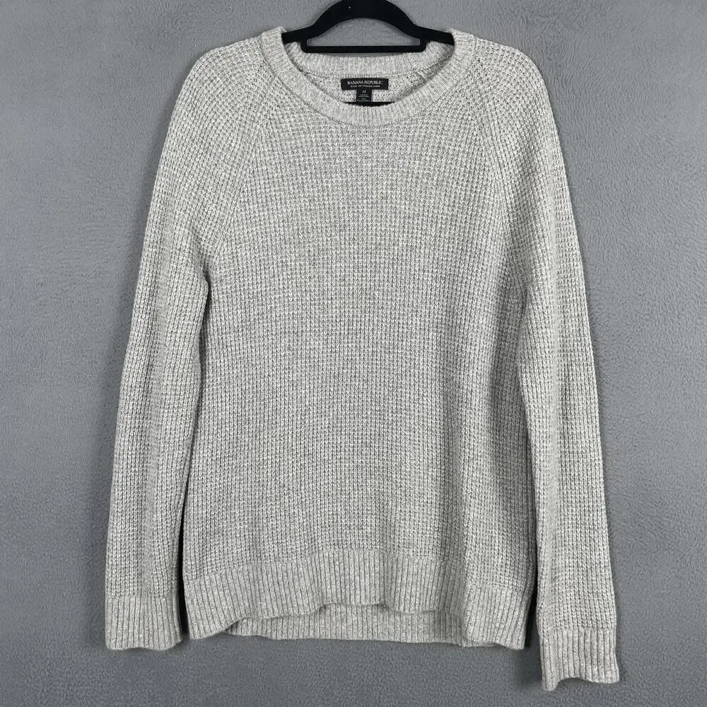 Banana Republic Sweater Womens M Gray Waffle-Knit Crew Neck Pullover Long Sleeve